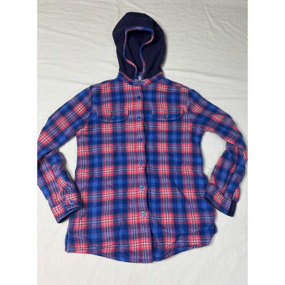 LL Bean Girls Blue Pink Plaid Flannel Fleece Lined Hooded Shirt M 10-12